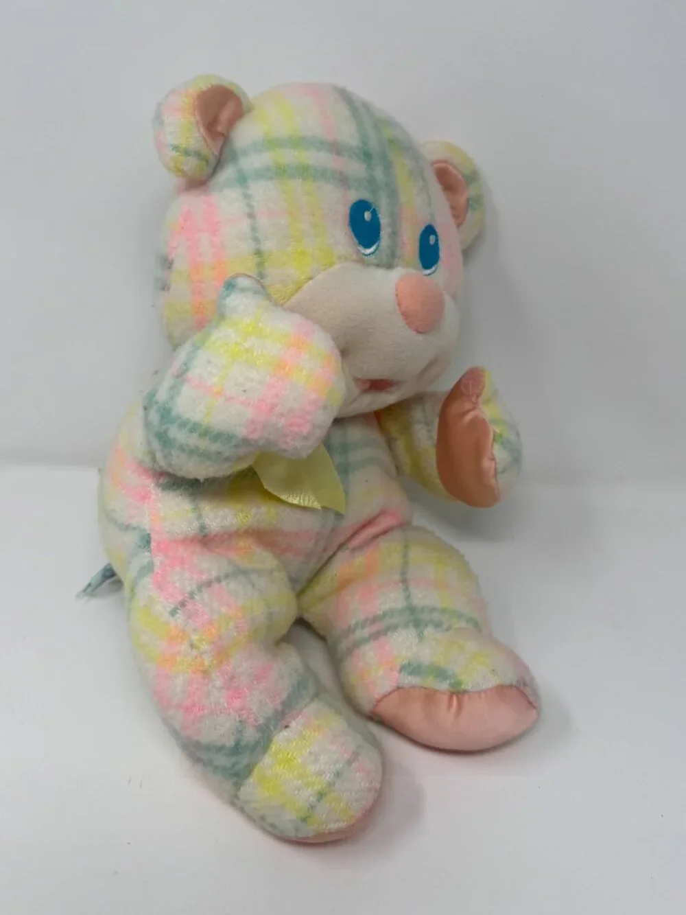 Vintage Playskool 1987 Blankies Bear Pastel Plaid Pink Satin Plush Lovey 5403